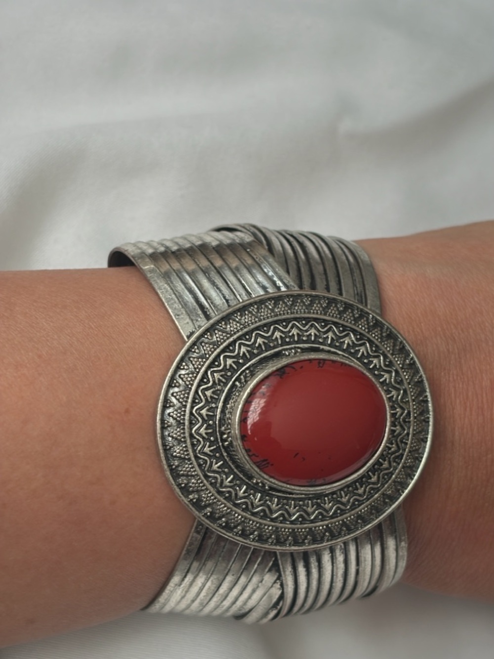 Silpada Silver-Tone Cuff Bracelet with Red Stone
